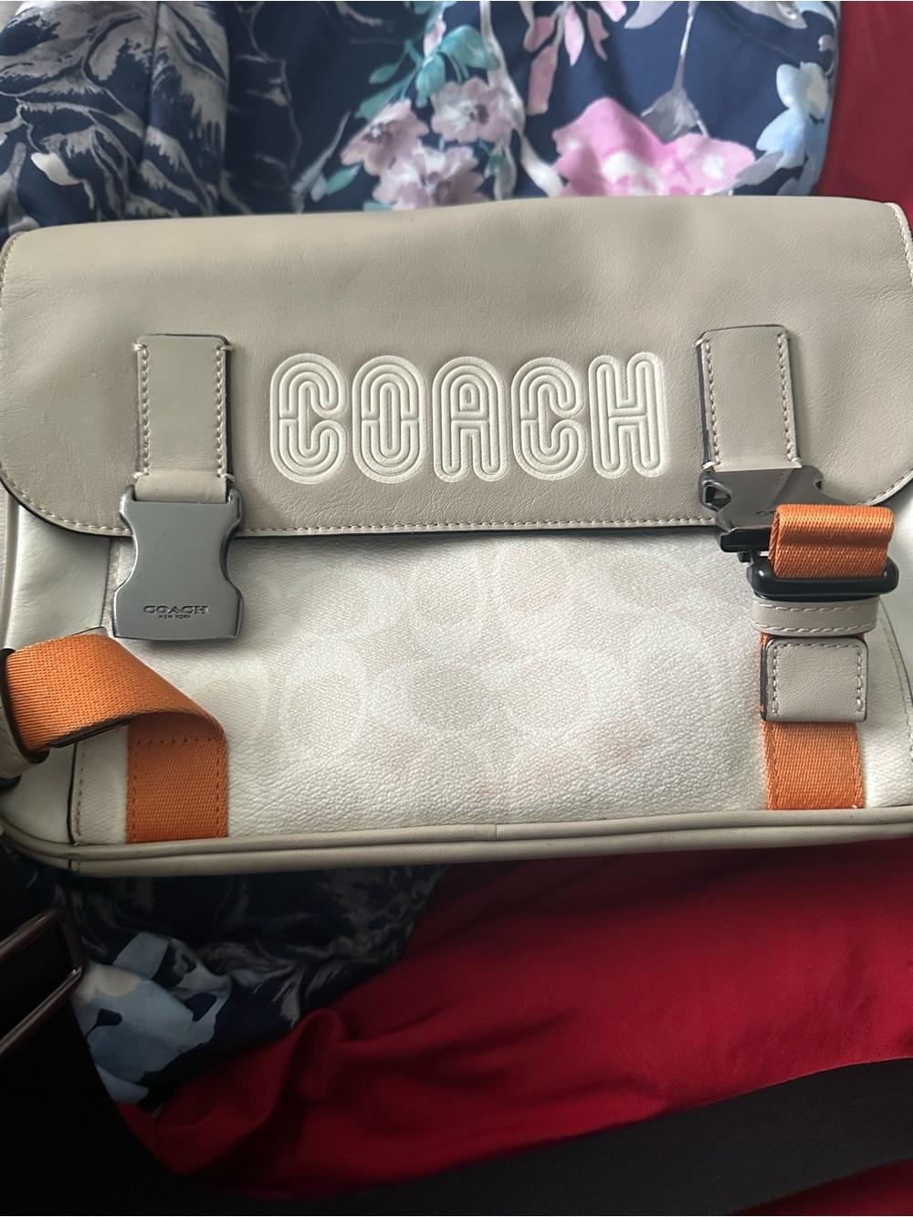 COACH Men's Messenger Bag in Light Taupe with Orange Straps
